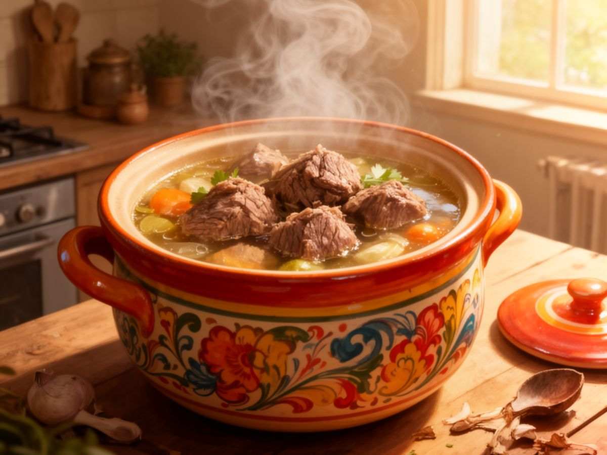 pentola con brodo di carne