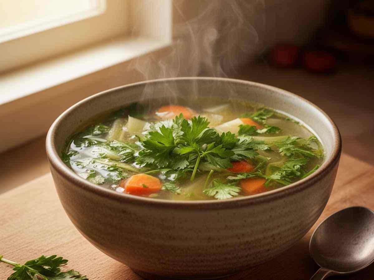 ciotola con brodo di verdure e prezzemolo