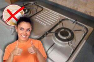 bruciatori cucina, x rossa su bicarbonato e donna che fa ok con le mani