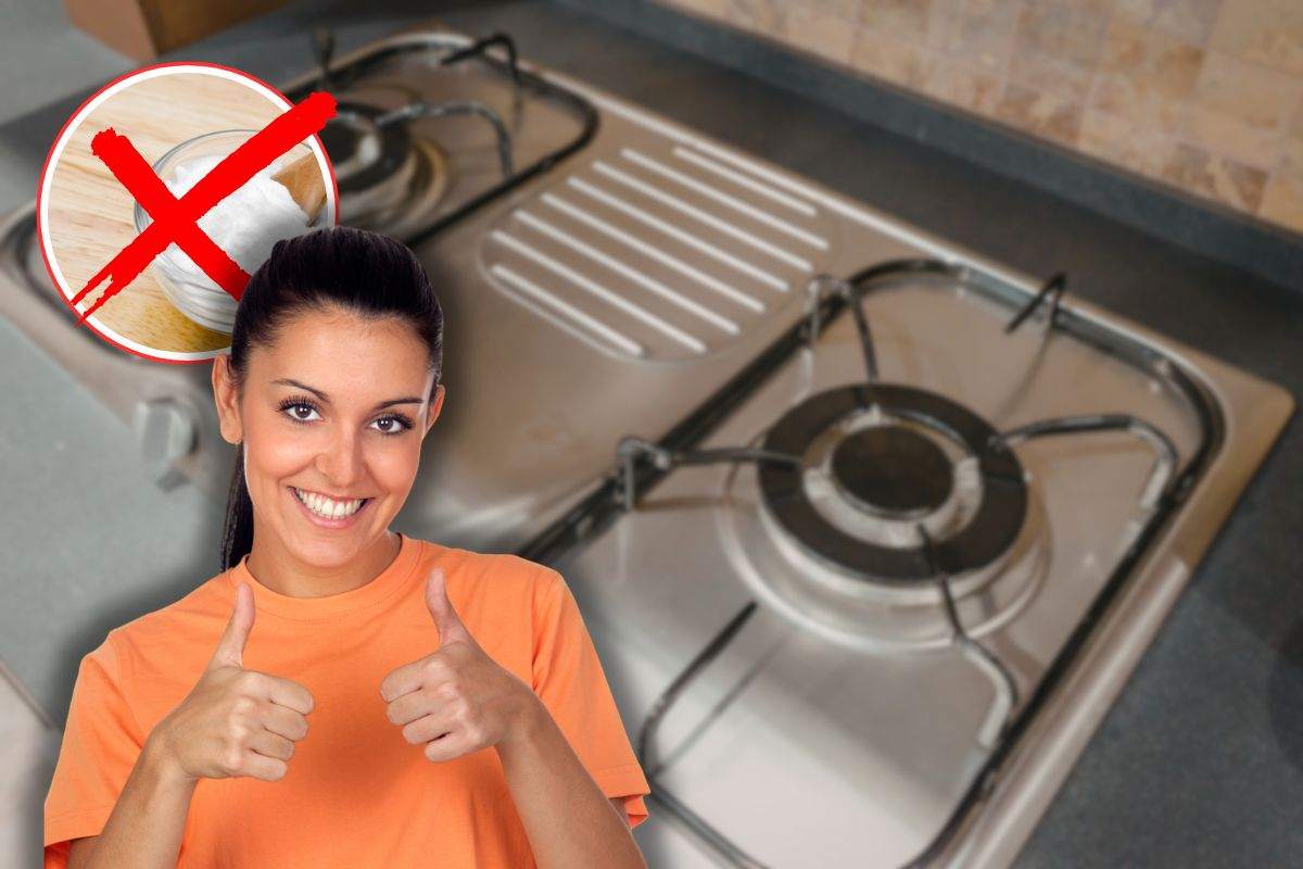bruciatori cucina, x rossa su bicarbonato e donna che fa ok con le mani