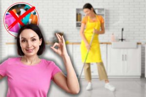 donna che lava pavimento, x rossa su detersivi e un'altra che fa ok con le mani