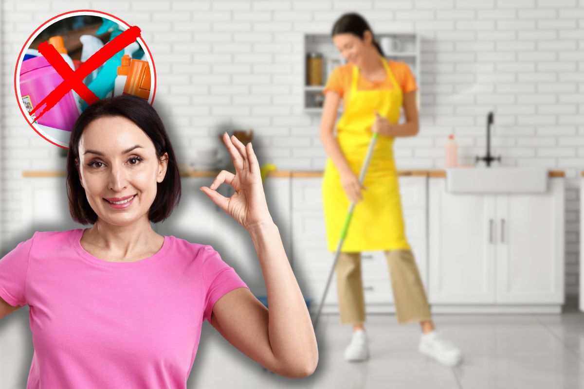 donna che lava pavimento, x rossa su detersivi e un'altra che fa ok con le mani