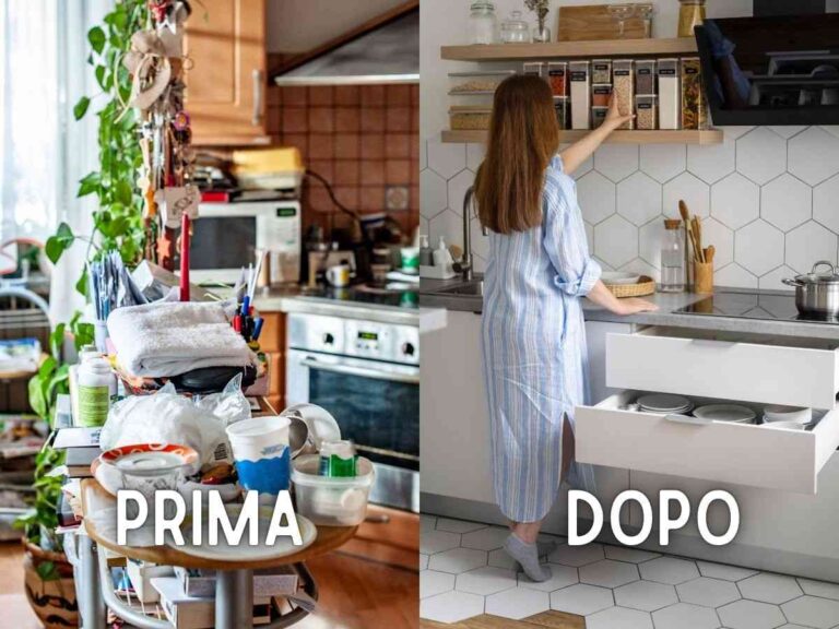 cucina disordinata e una ordinata e pulita