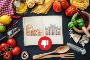 insieme di ingredienti, su un libro raffigurati il duomo di Milano e il Colosseo