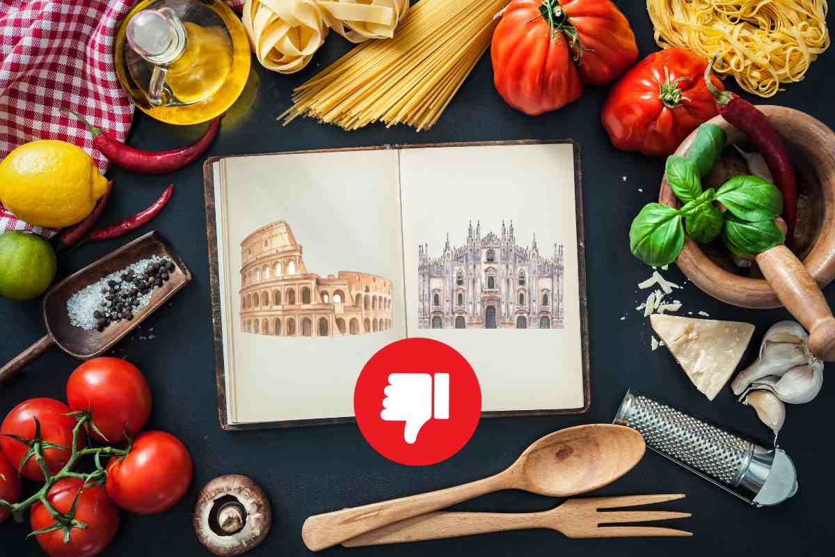 insieme di ingredienti, su un libro raffigurati il duomo di Milano e il Colosseo